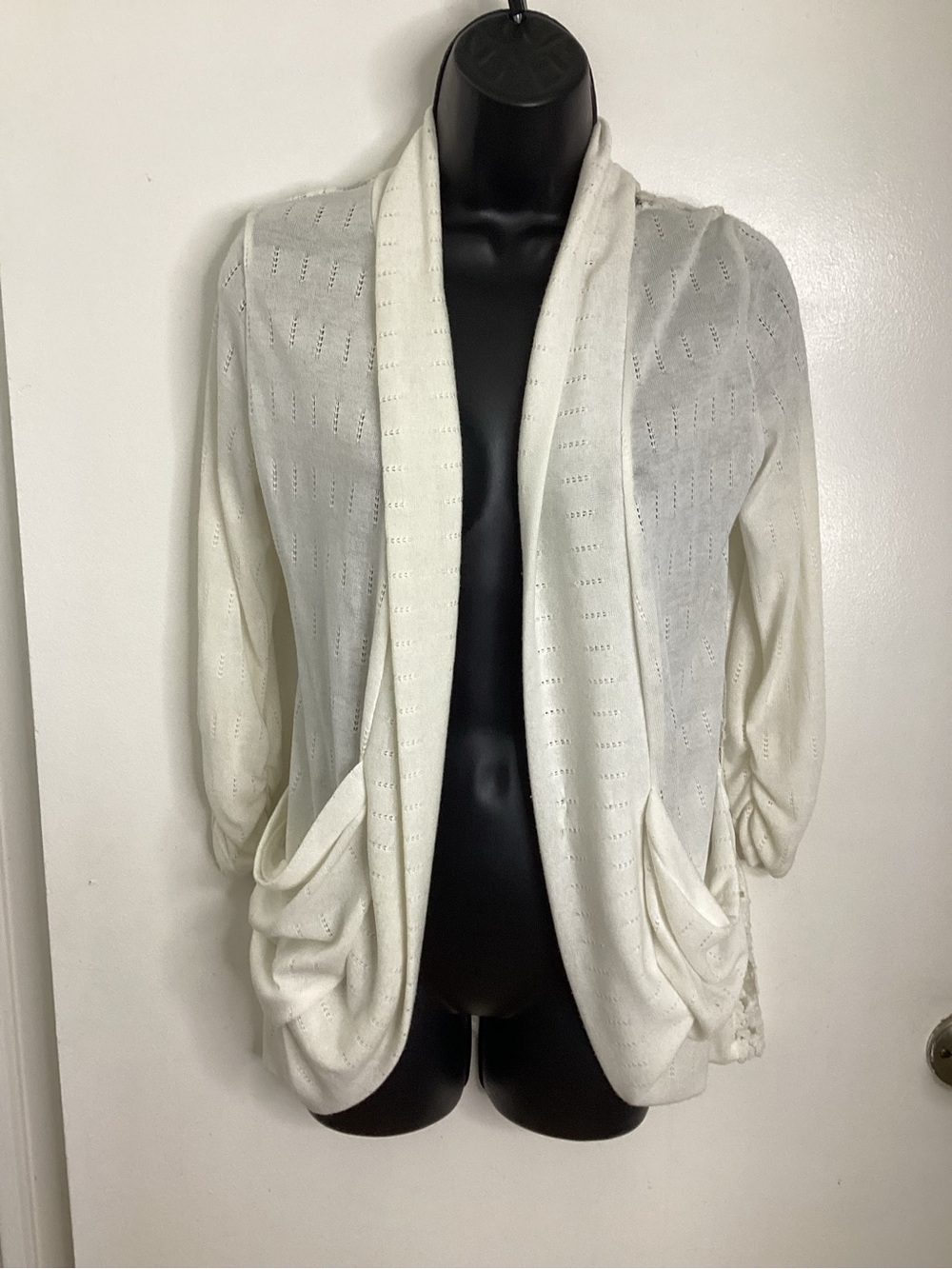 Open-Front Ivory Pointelle Cardigan Sweater w/ Lace Back M